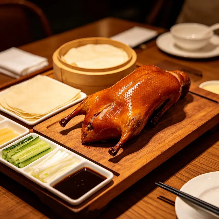 Authentic Peking duck set with pancakes, scallion strips & sweet bean sauce, signature traditional cuisine of Beijing