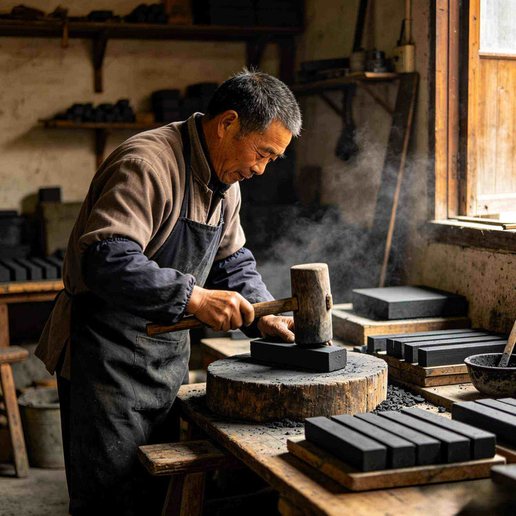 Traditional Huizhou ink stick making craftsman in workshop