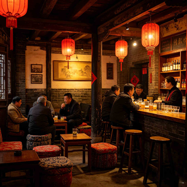 Cozy traditional-style bar interior inside Pingyao Ancient City with warm lighting