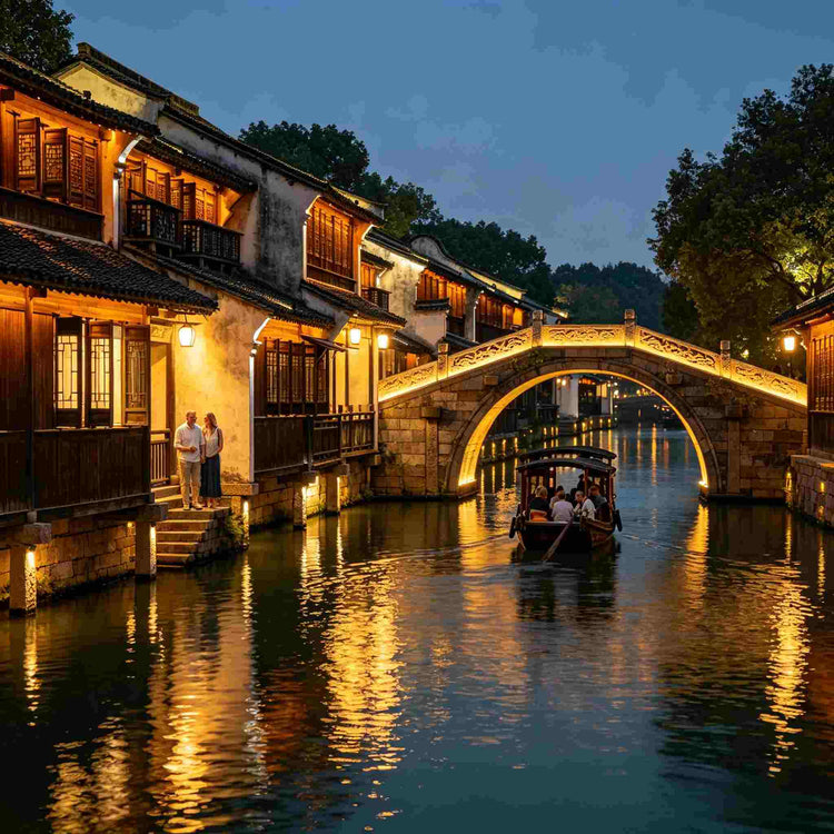 Ancient Jiangnan water town canal at dusk, stone arch bridge and wooden boat, private water town tour for international visitors