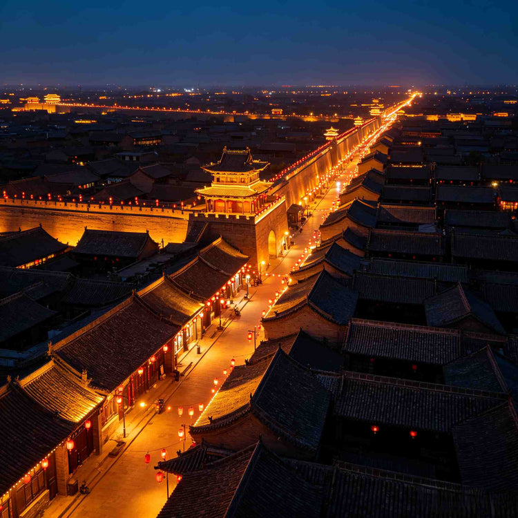 Aerial night view of Pingyao Ancient City with lit city wall and traditional tile rooftops, Shanxi China