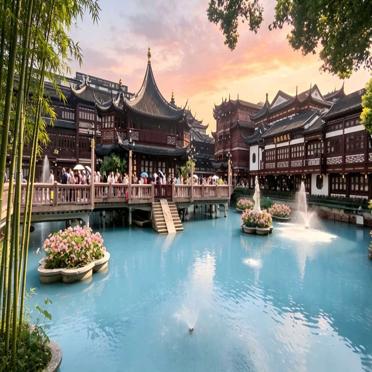 Traditional Yu Garden courtyard scenery in downtown Shanghai old town