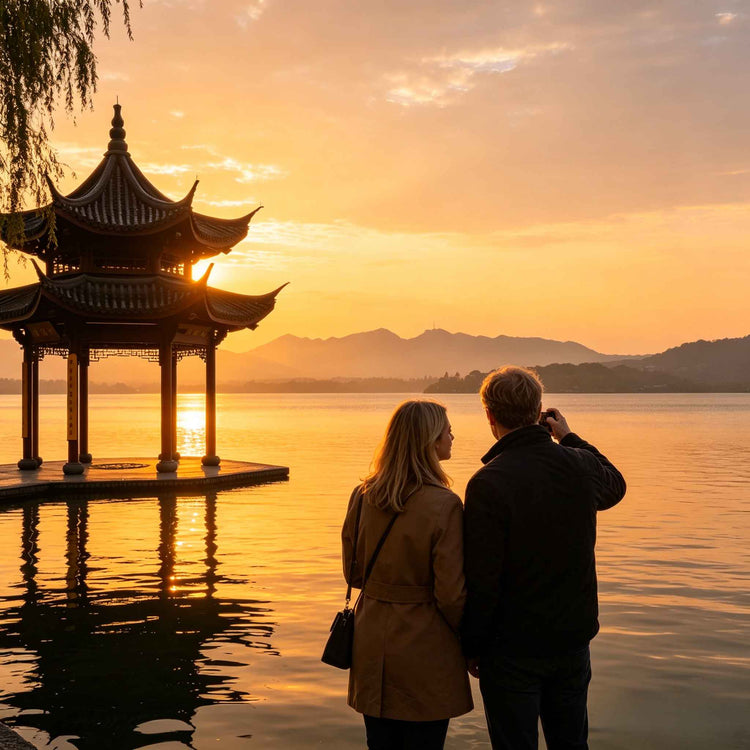 West Lake Hangzhou sunset, western couple enjoy lake view at ancient Chinese pavilion, Suzhou Hangzhou Wuzhen private trip