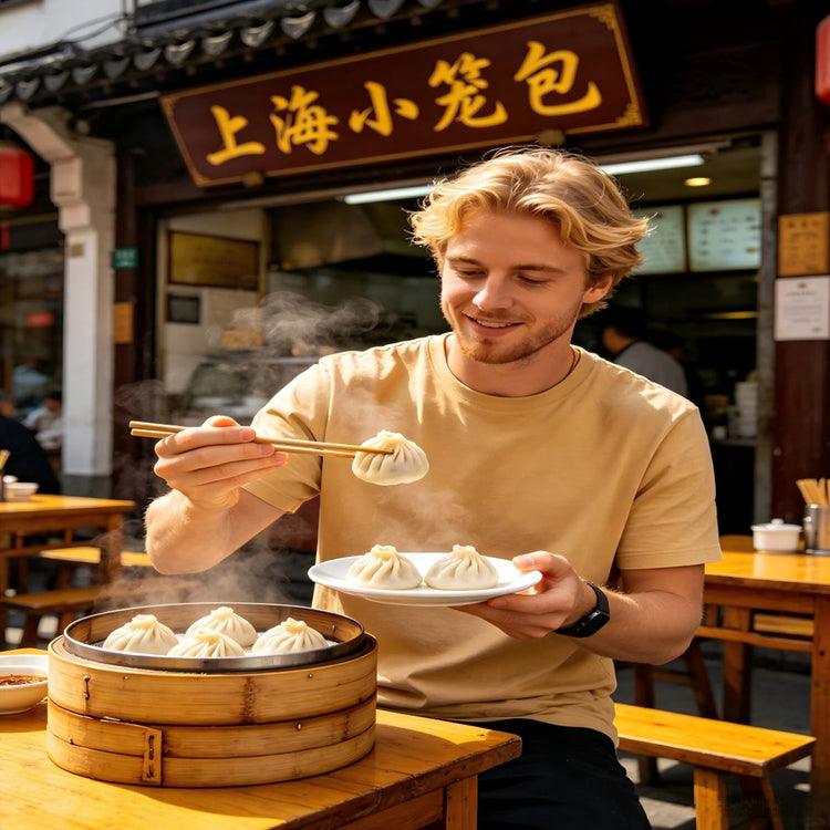 Foreign traveler tasting authentic xiaolongbao soup dumplings at local Shanghai restaurant during private layover day tour