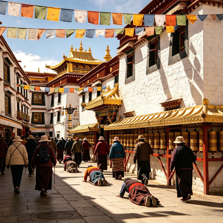 Jokhang Temple with Tibetan pilgrims and golden roofs, Barkhor Street Lhasa