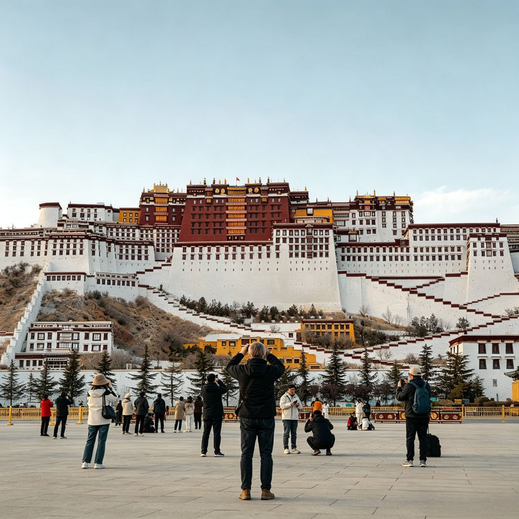 Iconic Potala Palace view with public square and travelers, Lhasa Tibet