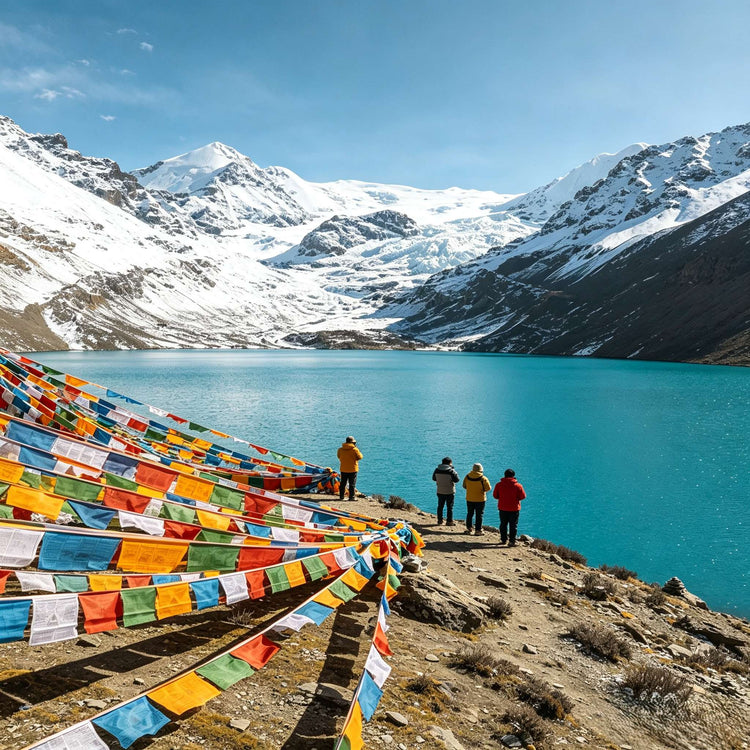 Turquoise Yamdrok Lake with colorful prayer flags and visitors, Tibet