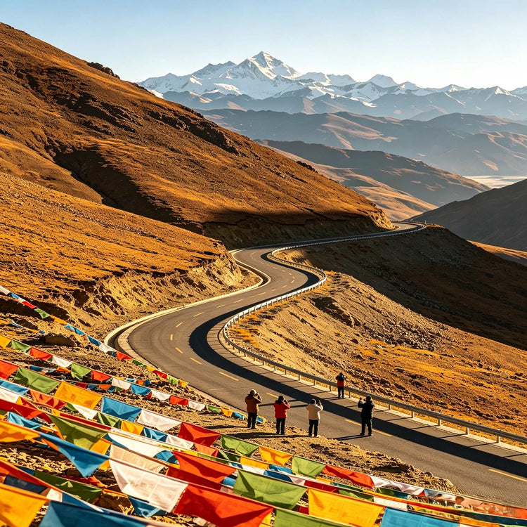 Winding high-altitude mountain road with prayer flags on the Everest route