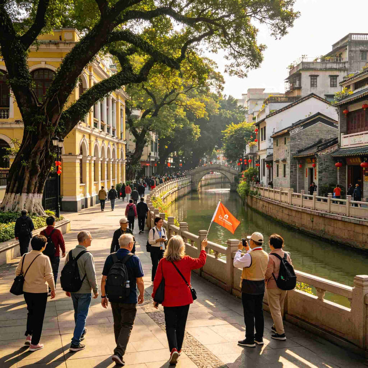 Foreign tourists visiting a historic Lingnan water village with guide in Guangzhou