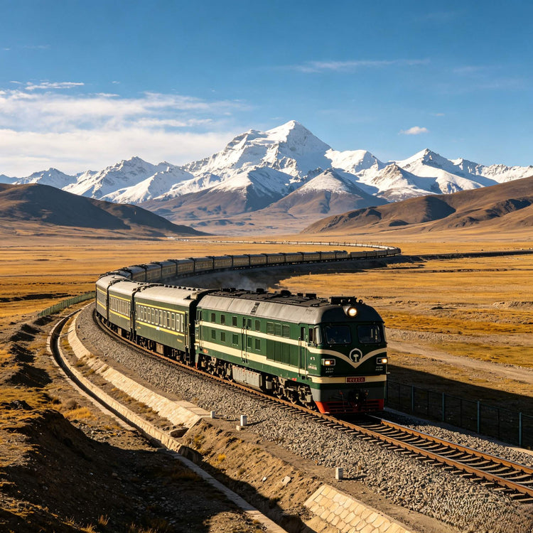 Green long-distance train traveling across the Tibetan plateau en route to Lhasa