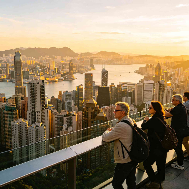 Western travelers enjoying the panoramic Hong Kong skyline and Victoria Harbour view from Victoria Peak