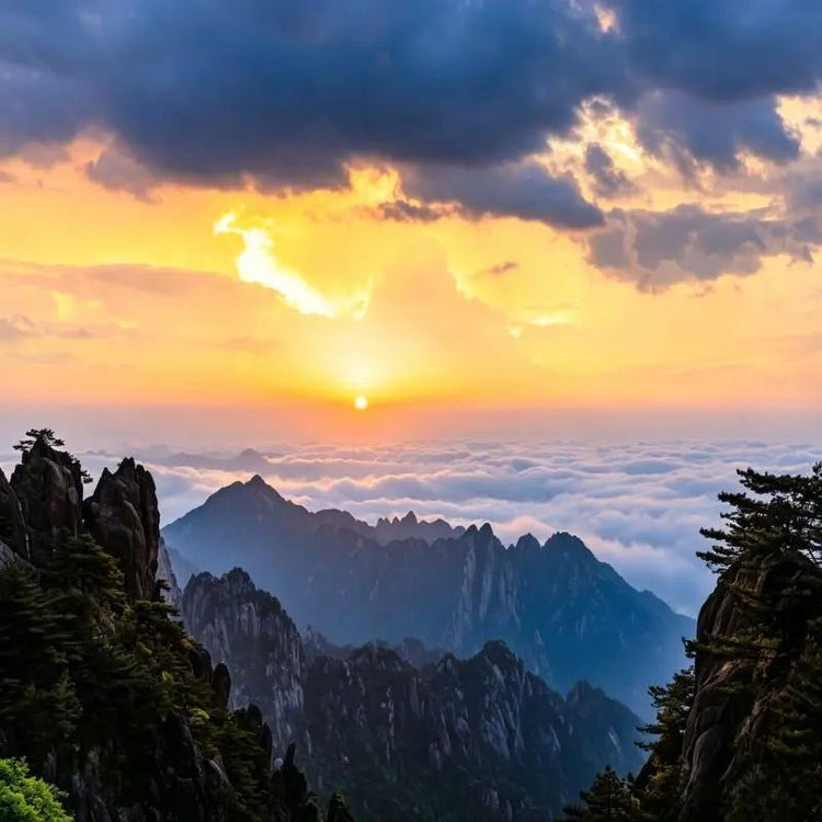 Huangshan Mountain sunrise sea of clouds, golden dawn light over granite peaks and layered mist, iconic Chinese natural wonder, China inbound travel attraction