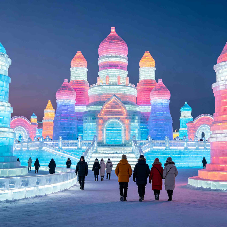 Harbin Ice and Snow World with colorful illuminated ice buildings and visitors in winter