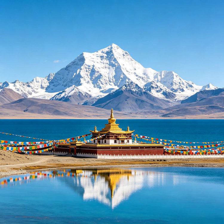 Sacred plateau lake with golden Tibetan monastery and snow mountain reflection, Tibet