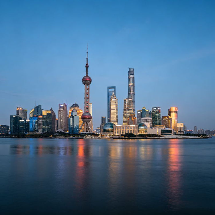 Panoramic view of Shanghai Pudong skyline with landmark skyscrapers along Huangpu River
