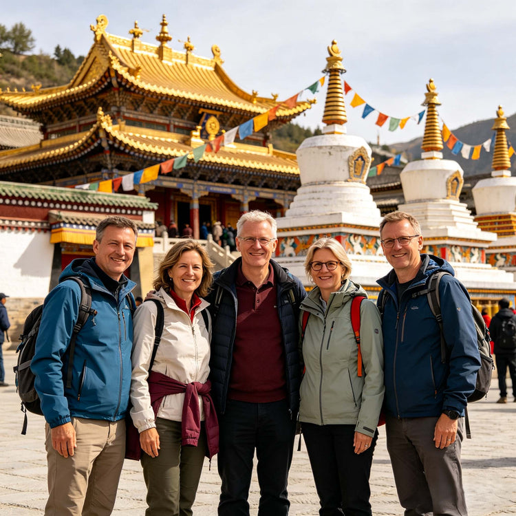 Group of foreign travelers posing for a photo in front of Kumbum Monastery with golden stupas, Xining Qinghai