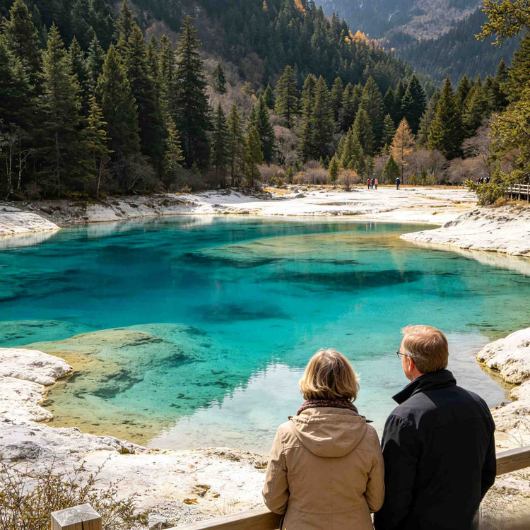Vibrant turquoise Five-Color Pond in Jiuzhaigou Valley National Park, Sichuan China