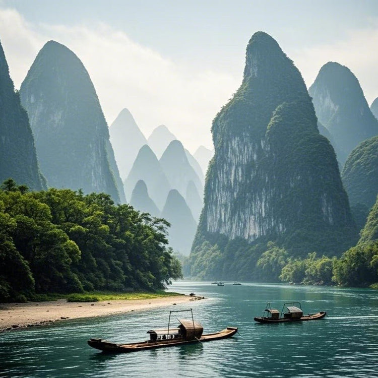 Li River karst mountain scenery with bamboo raft, classic Guilin landscape view
