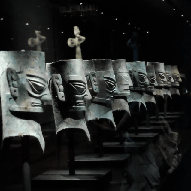 Ancient bronze human masks from Sanxingdui Ruins, mysterious Shu culture relics museum tour