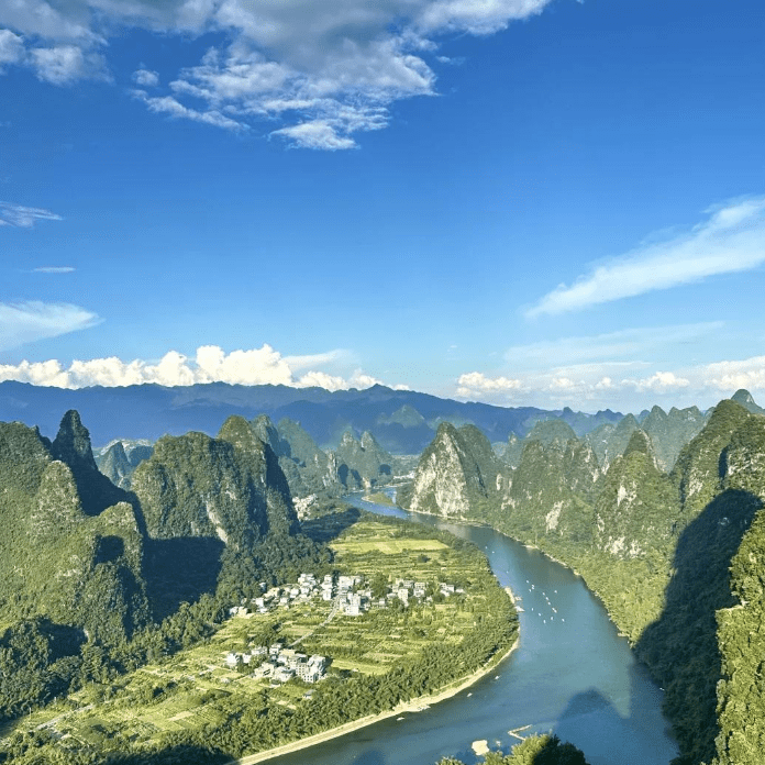 Aerial karst mountain view of Li River Guilin