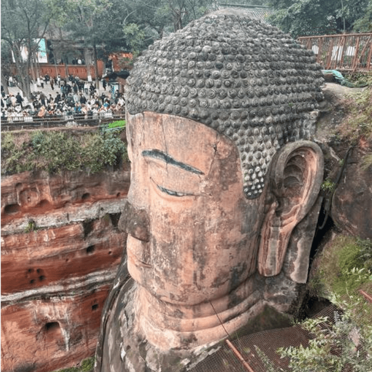 Close-up of Leshan Giant Buddha stone statue, UNESCO world heritage site in Sichuan