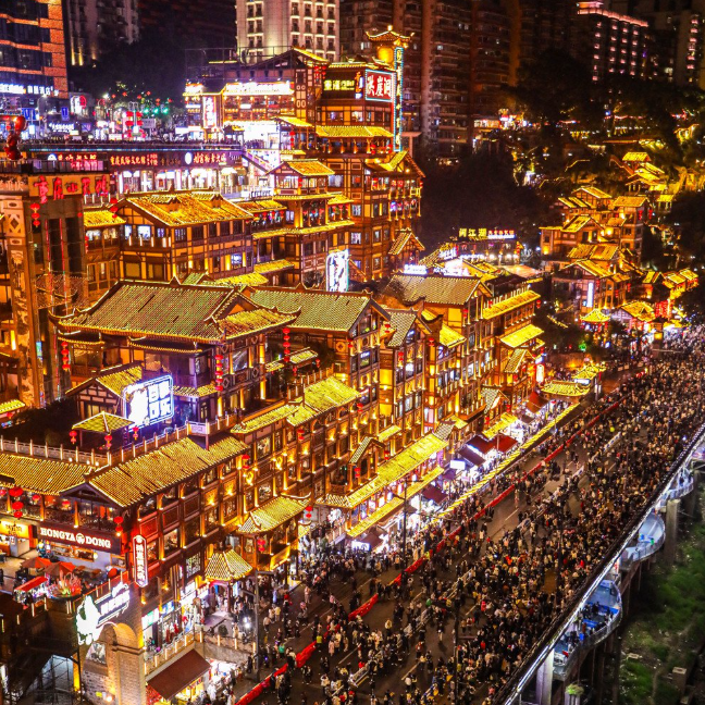 Hongyadong night view, traditional stilt house landmark in Chongqing Yangtze River tour