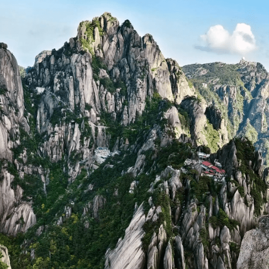 Huangshan Mountain towering granite peaks with green forest, famous Anhui natural landscape on China private tour