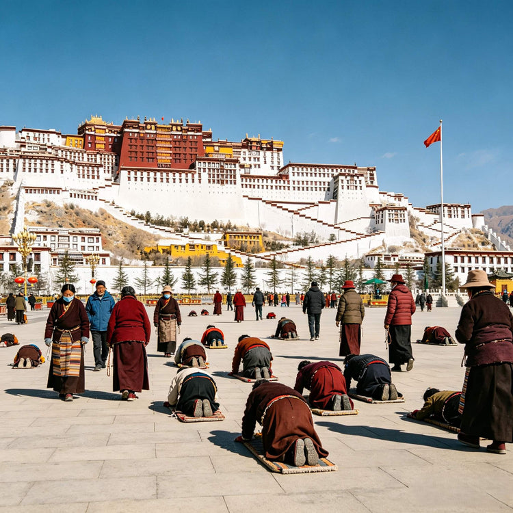 Potala Palace square with Tibetan pilgrims prostrating, Lhasa Tibet