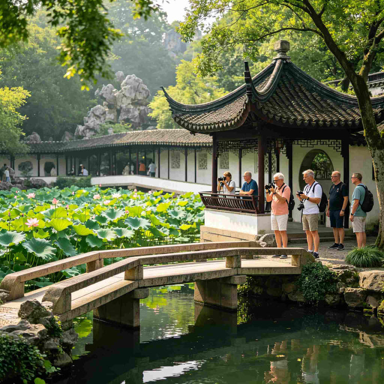 Lion Grove Garden stone rockery maze, international visitors explore Suzhou ancient garden