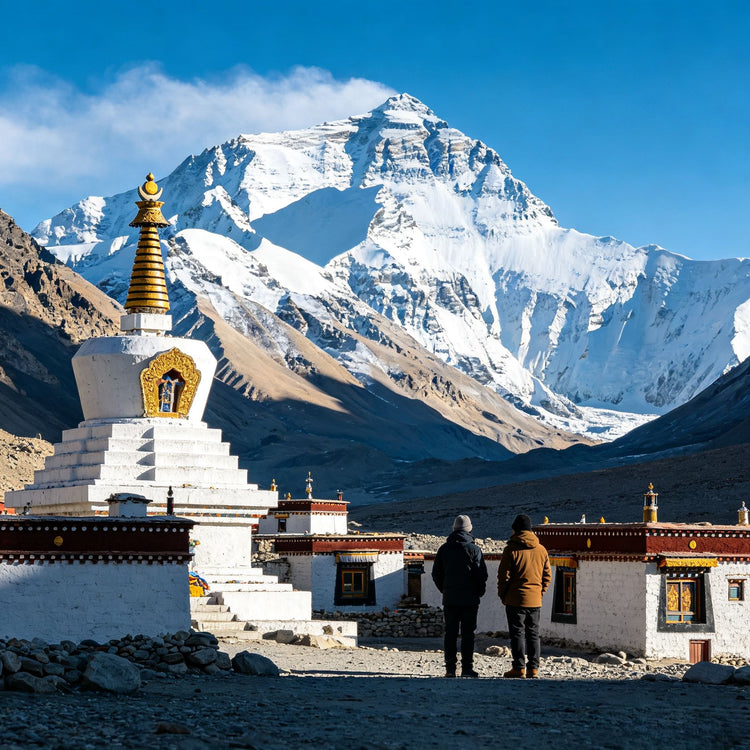 Rongbuk Monastery stupa with Mount Everest peak in the background, Tibet