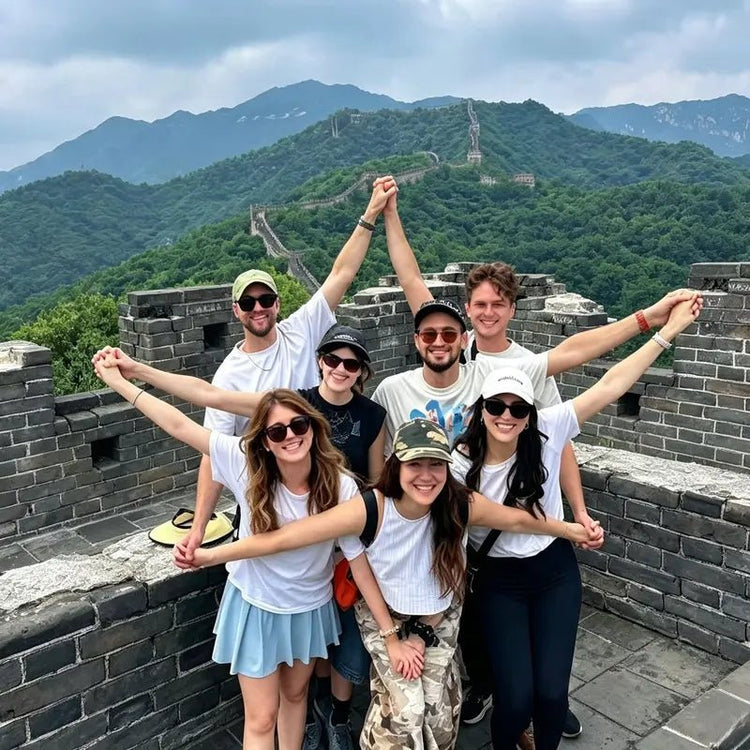 Happy group of travelers posing at Mutianyu Great Wall on a private custom Beijing tour