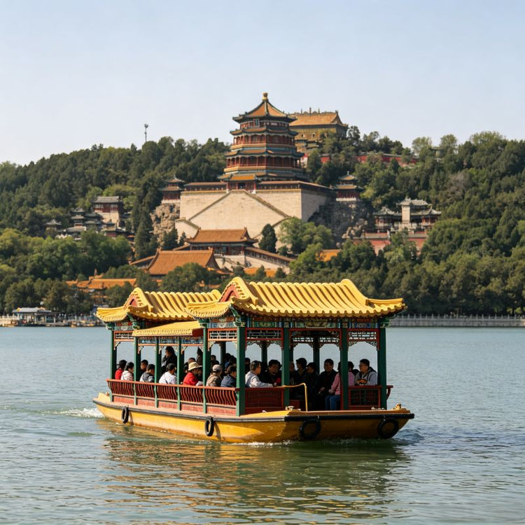 Traditional imperial painted boat sailing on Kunming Lake, Summer Palace