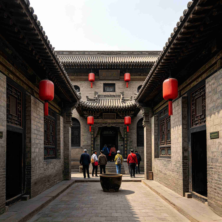 Traditional Shanxi merchant courtyard alley decorated with red lanterns, Pingyao