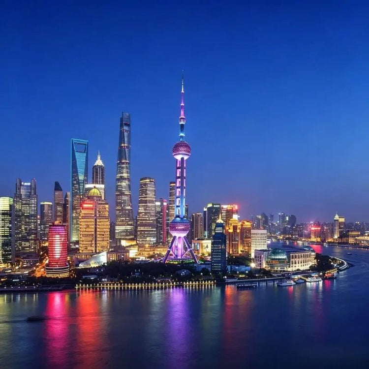 The Bund and Lujiazui skyline Shanghai, Oriental Pearl Tower landmark, modern Pudong skyscrapers and Huangpu River night reflection, iconic Shanghai cityscape, China inbound travel attraction