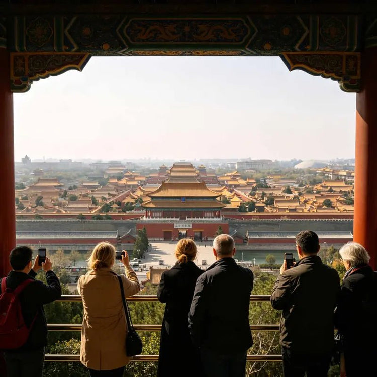 Travel group enjoying full panoramic view of Forbidden City from Jingshan Park