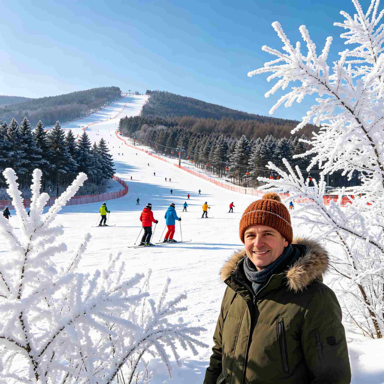 International skier at Beidahu Ski Resort with snow slopes and rime-covered trees
