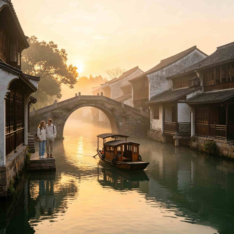 Sunrise view of ancient Jiangnan water town, western couple stand by stone arch bridge beside canal wooden boat, 5-day Suzhou Hangzhou Wuzhen private tour