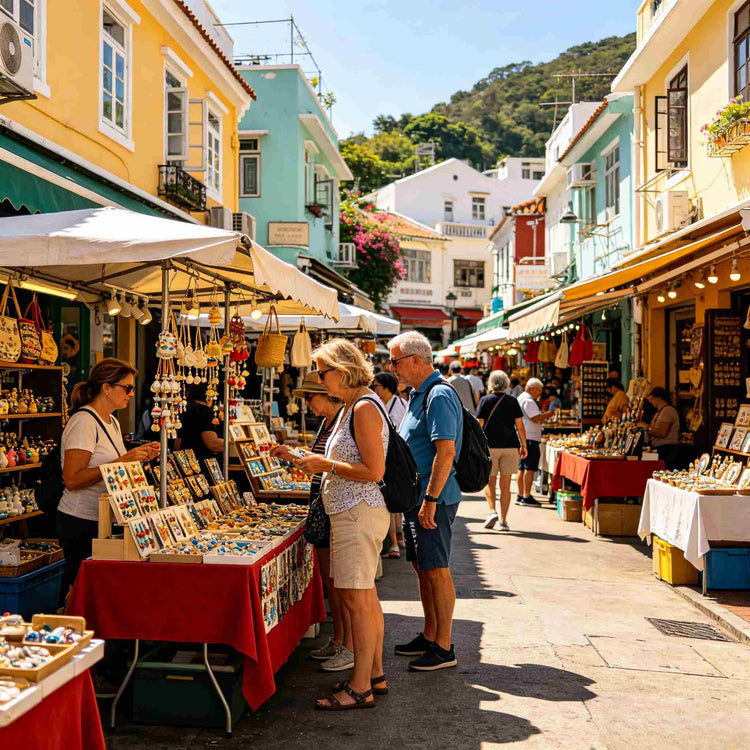 Foreign tourists browsing waterfront souvenir stalls at Stanley Market in Hong Kong
