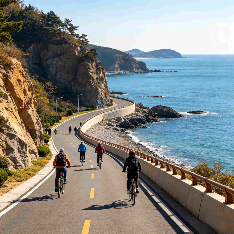 Cyclists riding along cliffside Binhai Road with blue sea view, Dalian coastal highway
