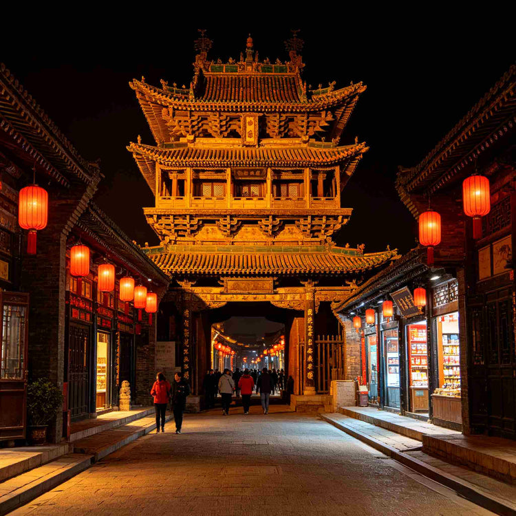 Illuminated ancient city tower on Ming-Qing Street at night, Pingyao UNESCO Site