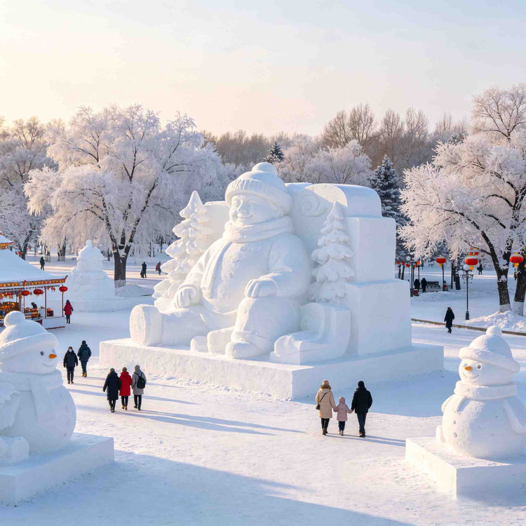 Sun Island Snow Sculpture Fair with giant snow carvings and rime trees in Harbin