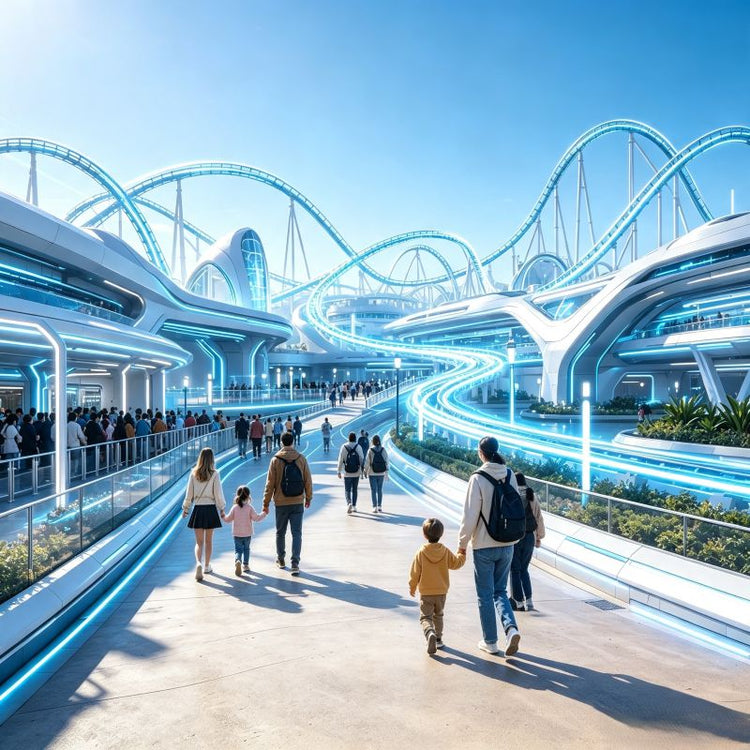 Tron Lightcycle Power Run roller coaster zone at Shanghai Disneyland, guests heading to the ride entrance