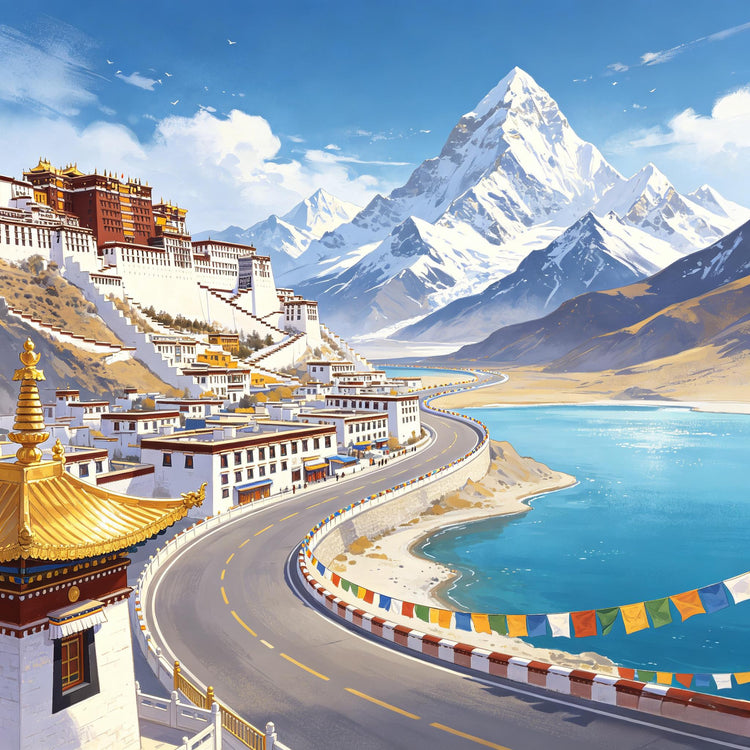 Scenic lakeside highway with traditional Tibetan architecture and snow mountain backdrop