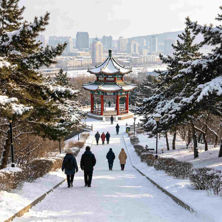 Snow-covered traditional Chinese pavilion at Beishan Park overlooking Jilin city