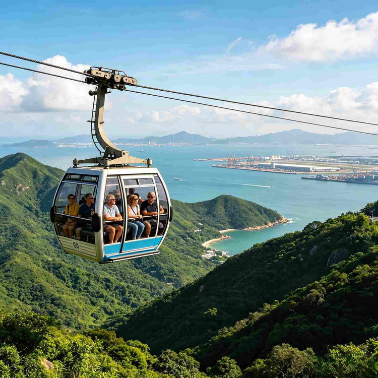 Scenic Ngong Ping 360 Cable Car soaring over mountains and coast on Lantau Island, Hong Kong
