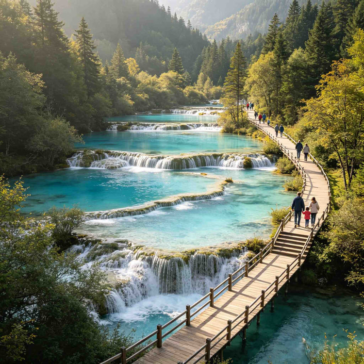 International travelers enjoying Shuzheng Lakes view on a private Jiuzhaigou tour