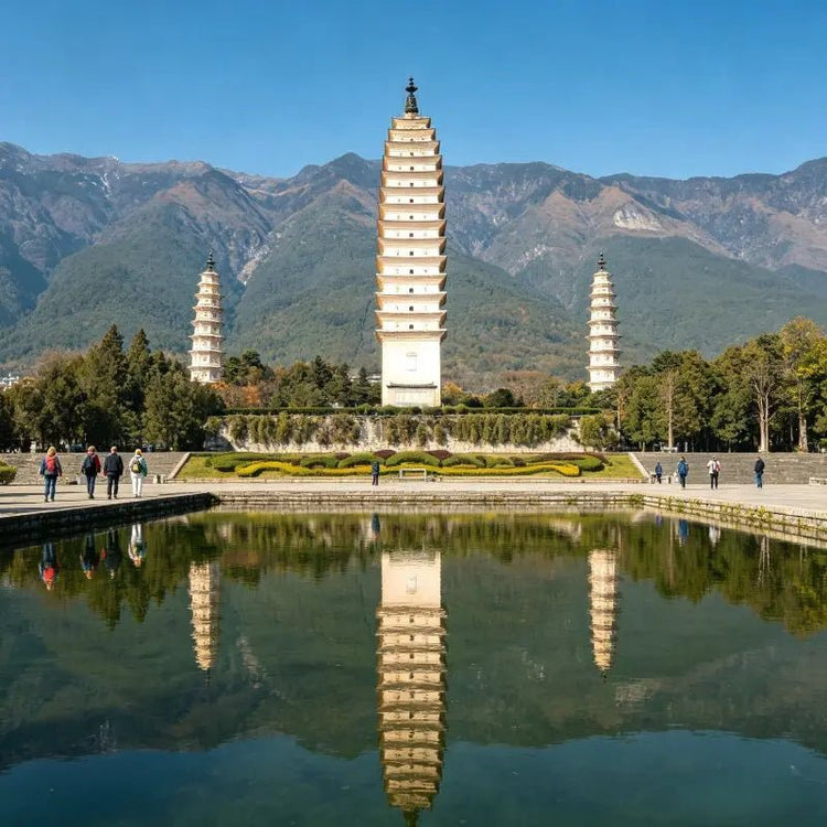 Three Pagodas of Chongsheng Temple with reflection, Dali landmark