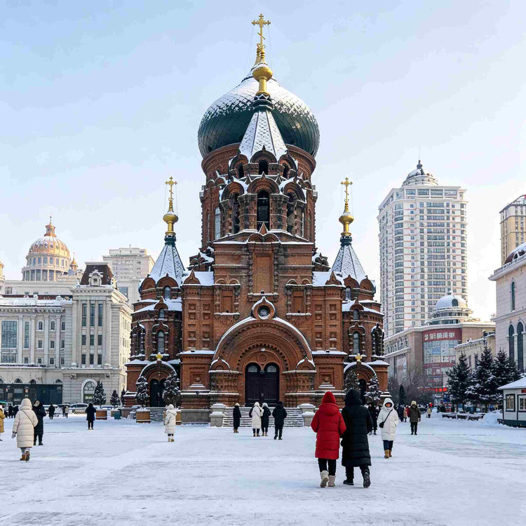 St. Sophia Cathedral covered in snow in downtown Harbin winter