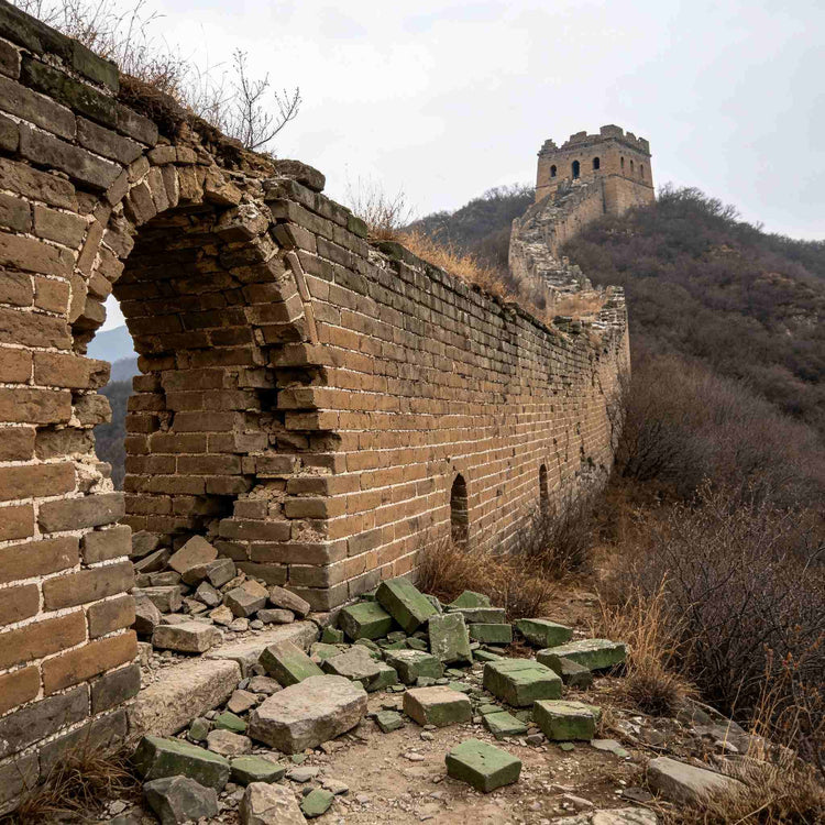 Ruined wild Great Wall section with broken brick wall and ancient watchtower ruins