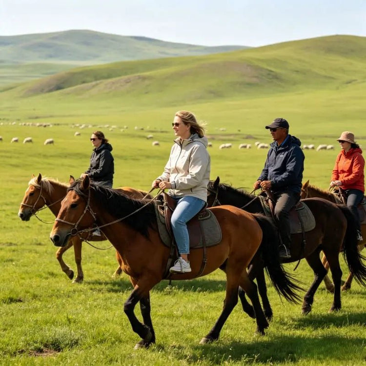 Western tourists horse riding on Hulunbuir grassland, optional prairie experience activity